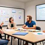** A vibrant, diverse group of people working together on a project. Some are looking at a shared screen displaying an online document, others are brainstorming ideas on a whiteboard, and some are engaged in conversation. The scene is brightly lit and conveys a sense of energy and collaboration. Emphasis on diverse skills and backgrounds coming together.

**