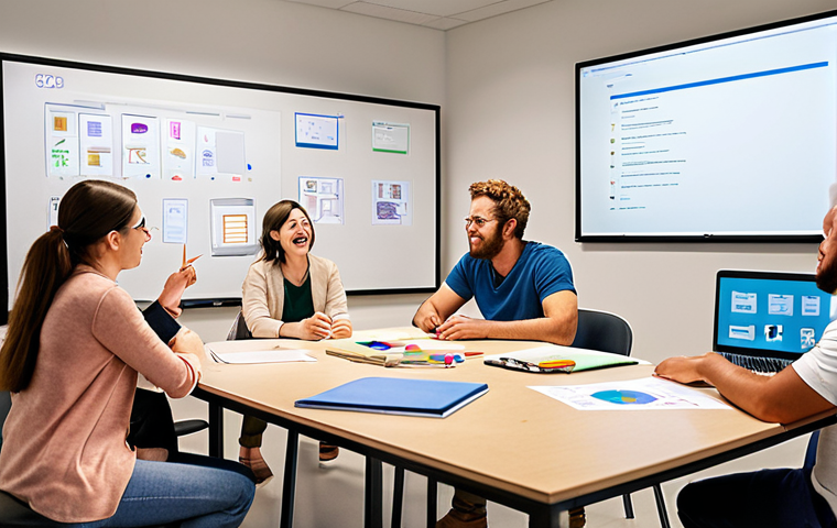 ** A vibrant, diverse group of people working together on a project. Some are looking at a shared screen displaying an online document, others are brainstorming ideas on a whiteboard, and some are engaged in conversation. The scene is brightly lit and conveys a sense of energy and collaboration. Emphasis on diverse skills and backgrounds coming together.

**